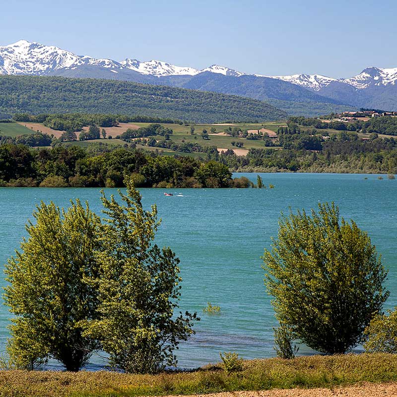 Le lac de Montbel et les montagnes des Pyrénées